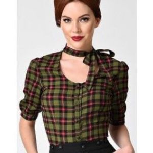 Plaid Mavis Half Sleeve Neck Tie Top - Voodoo Vixen